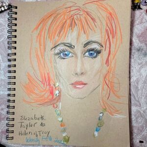 Wendy Gell Drawing Elizabeth Taylor as Helen of Troy. Color pencil on 9 by 12.